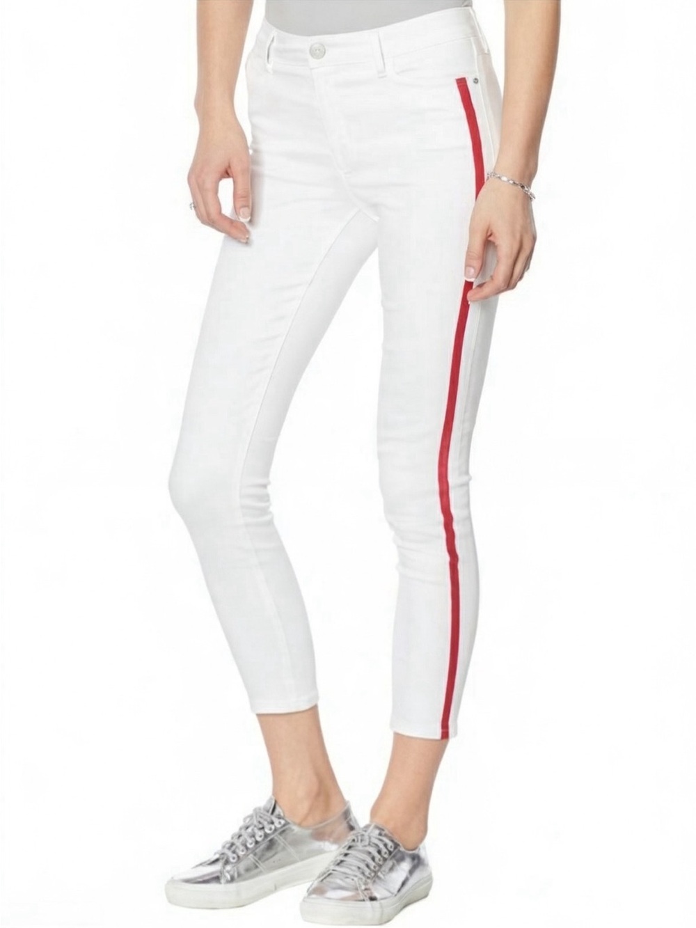 SKINNYGIRL Sarah Mid Rise Skinny Ankle Red Stripe White Jeans--NWT--32/14